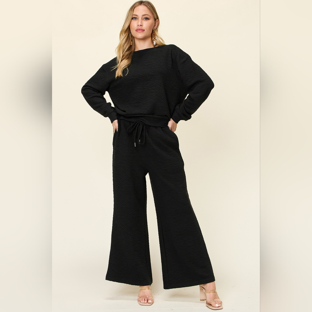 Double Take Full Size Texture Long Sleeve Top and Pants Set